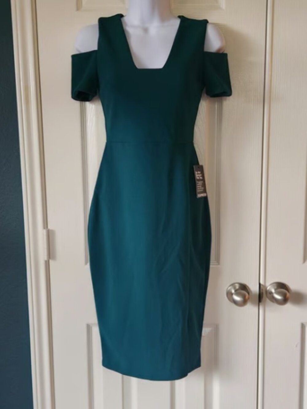Express Cold-Shoulder Bodycon Midi Dress in Deep Teal - NWT Size 00